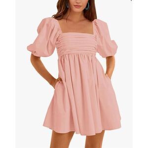 NEW Square Neck Puff Sleeve High Waist Smocked Babydoll Mini Dress XL